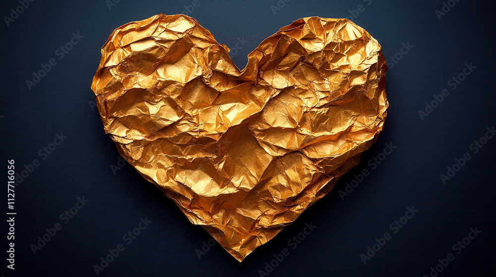 Crumpled golden paper heart on dark background, symbolizing love and emotion. This artistic representation evokes feelings of warmth and affection Crumpled golden paper heart on dark background, symbolizing love and emotion. This artistic representation evokes feelings of warmth and affection