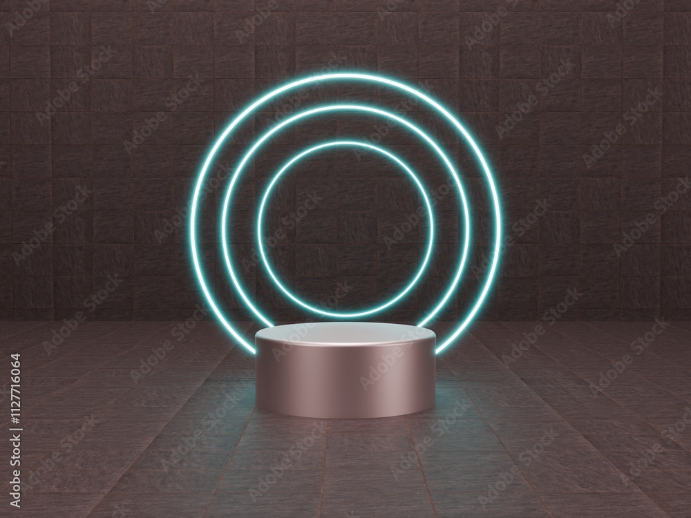 Fototapeta premium Blue Circle Neon Light with Platform on Texture Background 3D Illustration Rendering