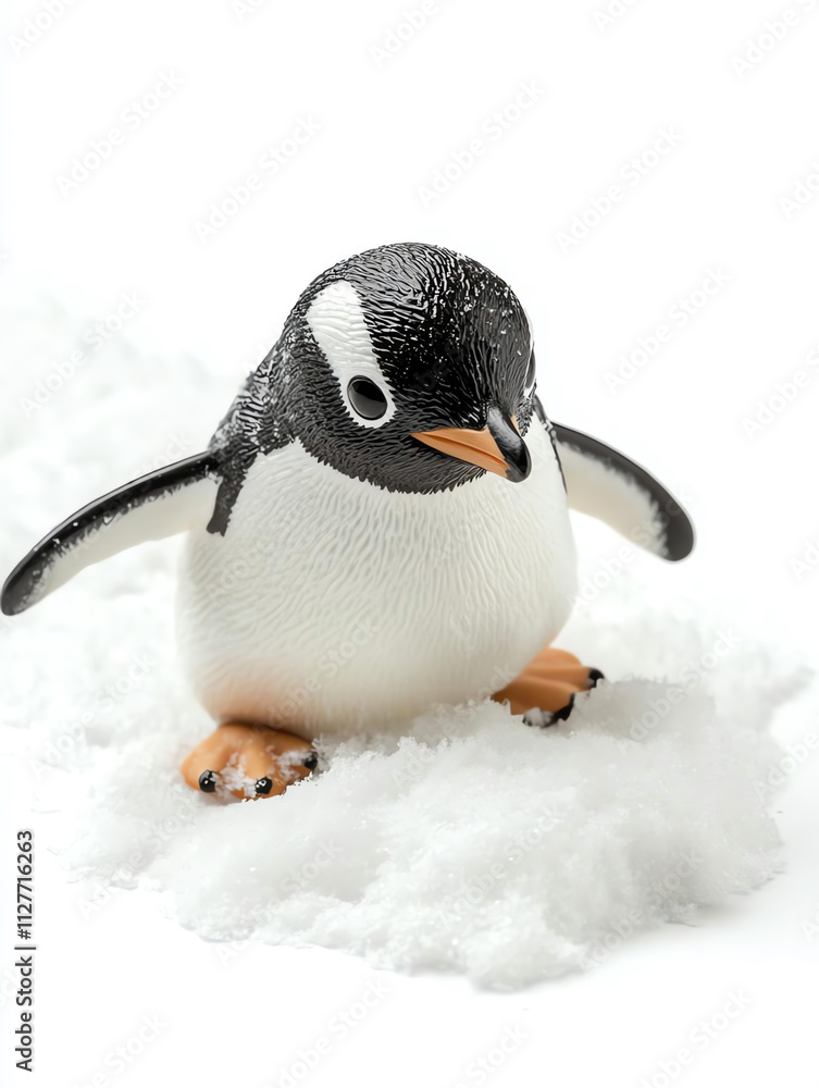 Fototapeta premium A cute penguin figurine stands on a snowy surface, showcasing unique textures and a playful character.