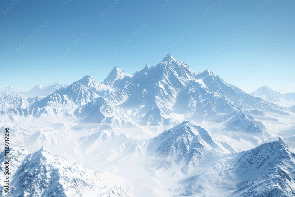 An aerial view of snow-capped mountains with a clear blue sky. An aerial view of snow-capped mountains with a clear blue sky.