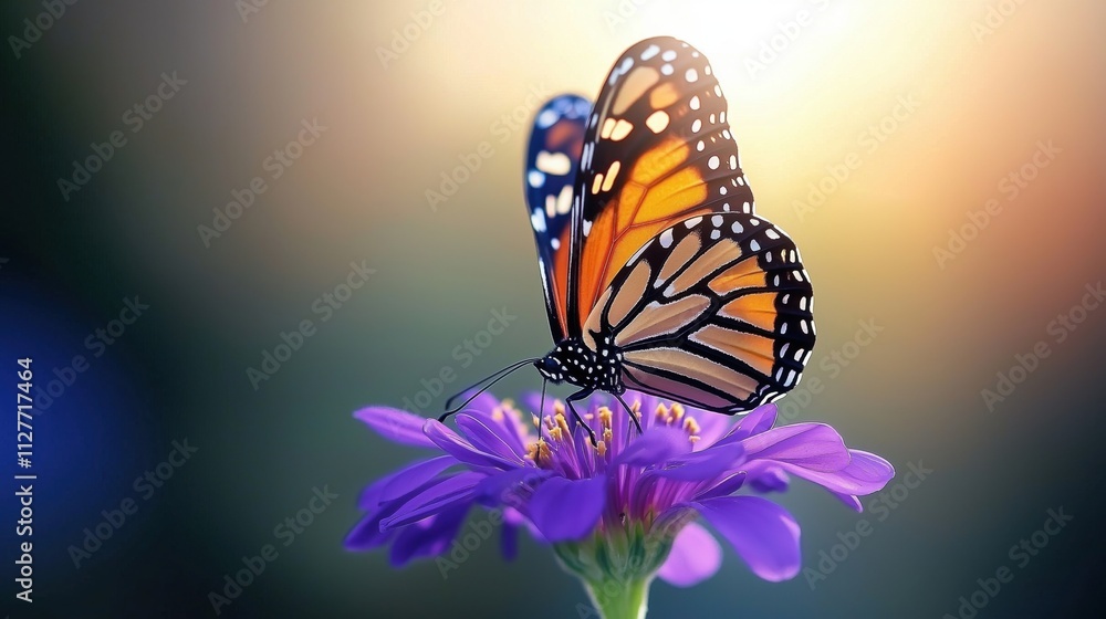 Obraz premium A vibrant butterfly resting on a purple flower with a soft blurred background.