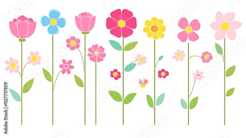 Collection of colorful stylized flowers on white background.