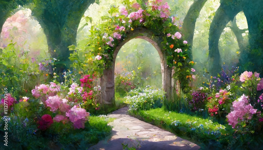 A Beautiful Secret Fairytale Garden with Enchanting Flower Arches and Vibrant Colorful Greenery, Perfect for Dreamy Escapes and Whimsical Adventures in Natures Embrace A Beautiful Secret Fairytale Garden with Enchanting Flower Arches and Vibrant Colorful Greenery, Perfect for Dreamy Escapes and Whimsical Adventures in Natures Embrace
