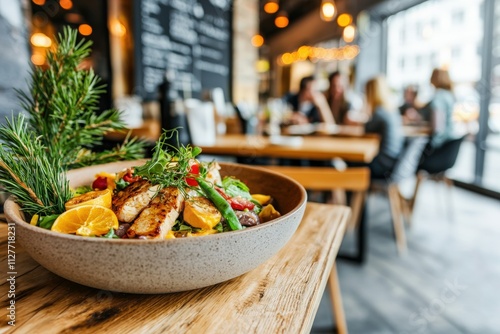 Delicious Grilled Chicken Salad Urban Cafe Food Photography Cozy Dining Atmosphere Close-Up View Healthy Eating Concept photo