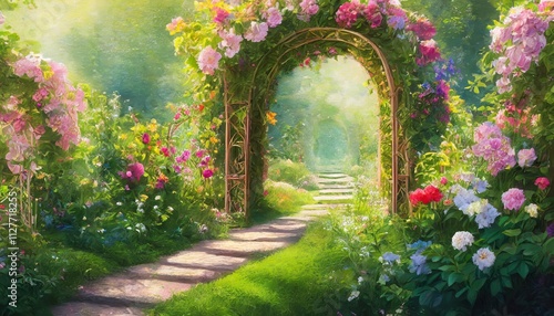 A Beautiful Secret Fairytale Garden with Enchanting Flower Arches and Lush Colorful Greenery â€“ A Digital Painting Capturing Natures Splendor and Whimsical Charm in a Serene Escape