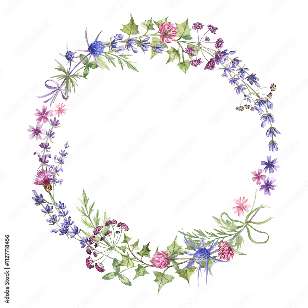Floral wreath with lavender, clover, ivy, thistle and other wildflowers; watercolor illustration isolated on white. For wedding invitations, greeting cards, coasters, plates decor and more Floral wreath with lavender, clover, ivy, thistle and other wildflowers; watercolor illustration isolated on white. For wedding invitations, greeting cards, coasters, plates decor and more