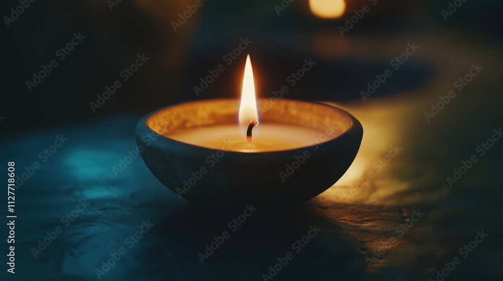 A lit candle in a small bowl, casting a warm glow in a dimly lit environment. A lit candle in a small bowl, casting a warm glow in a dimly lit environment.