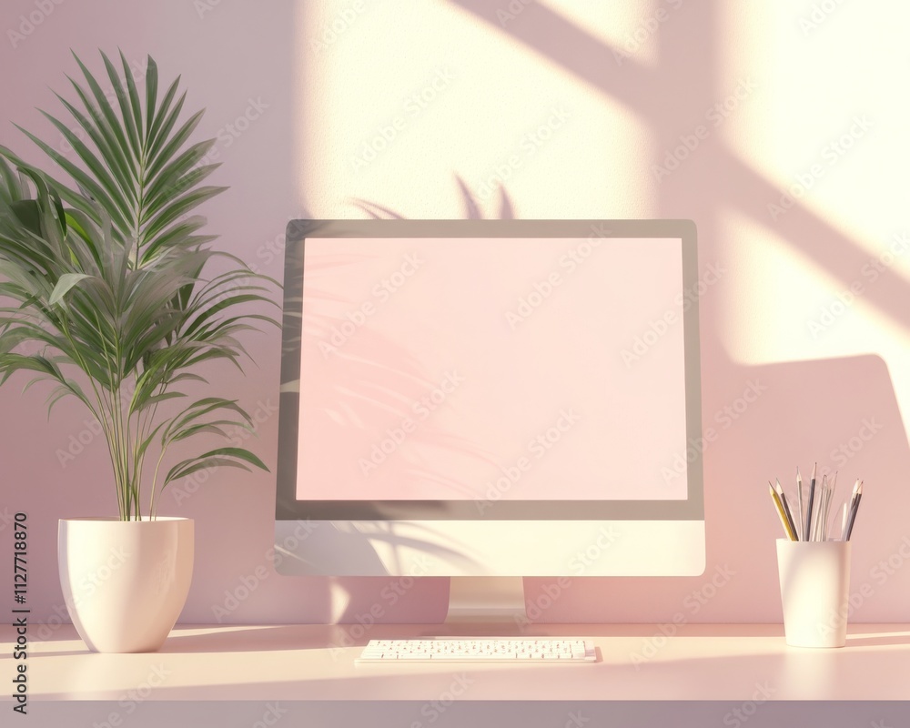 Modern Workspace with Blank Desktop Computer Screen Modern Workspace with Blank Desktop Computer Screen