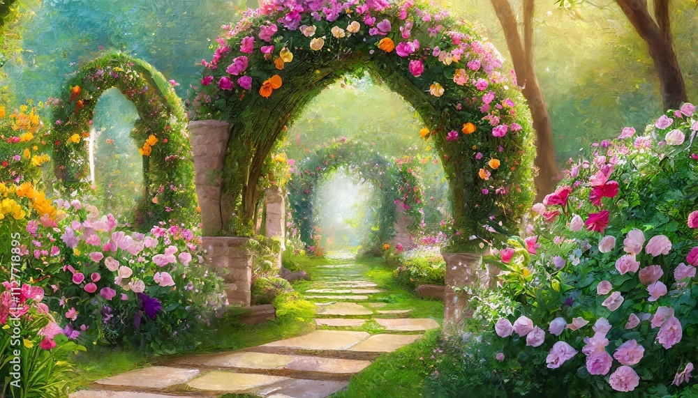 A Beautiful Secret Fairytale Garden with Enchanting Flower Arches, Lush Colorful Greenery, and Magical Atmosphere – A Digital Painting Capturing Natures Splendor and Whimsy A Beautiful Secret Fairytale Garden with Enchanting Flower Arches, Lush Colorful Greenery, and Magical Atmosphere – A Digital Painting Capturing Natures Splendor and Whimsy
