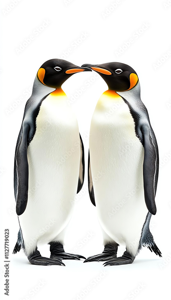 Fototapeta premium Two affectionate penguins displaying a loving bond with their vibrant features and unique characteristics.