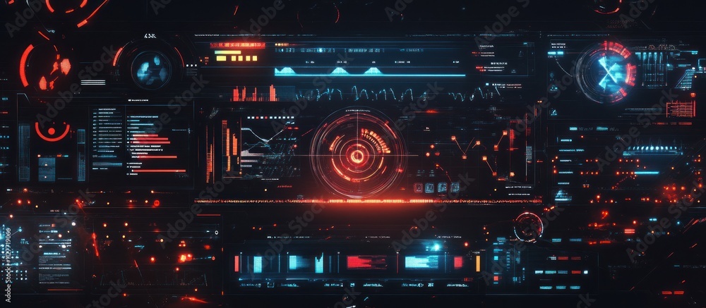 Futuristic HUD interface with digital data and glowing red and blue elements. Futuristic HUD interface with digital data and glowing red and blue elements.