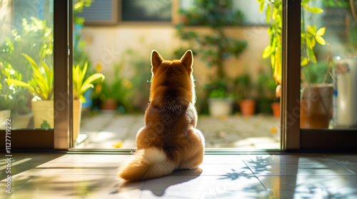 Rear view of Shiba Inu waiting for owner at the door