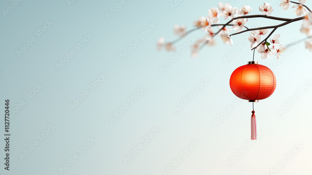 A red lantern hangs gracefully from branch adorned with delicate blossoms, creating serene and festive atmosphere A red lantern hangs gracefully from branch adorned with delicate blossoms, creating serene and festive atmosphere