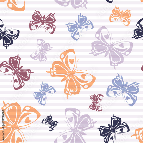 Flying colorful butterfly silhouettes over horizontal stripes vector seamless...