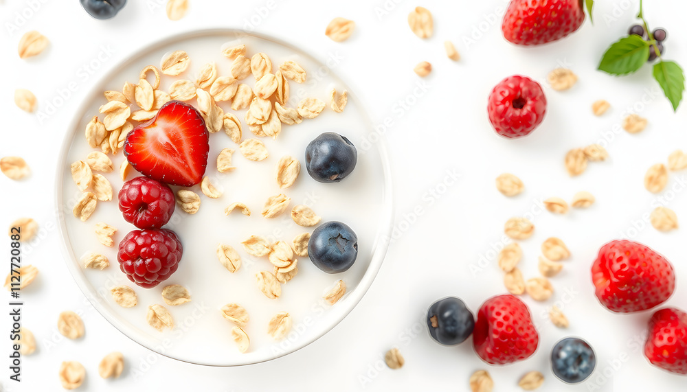Oatmeal cereal with milk and berries top view isolated with white highlights, png Oatmeal cereal with milk and berries top view isolated with white highlights, png