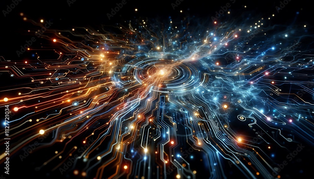 Naklejka premium dynamic glowing circuits spreading across a dark background, forming intricate futuristic patterns