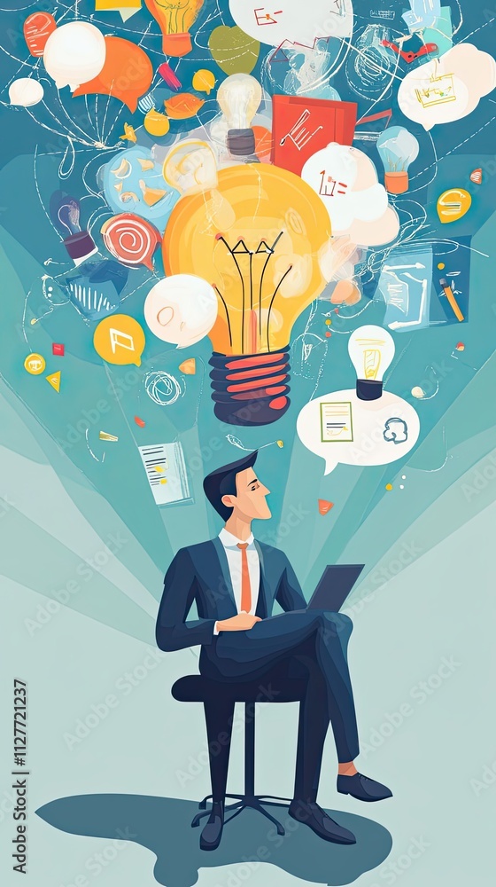 Businessman Contemplating Ideas Surrounding Bright Lightbulb Businessman Contemplating Ideas Surrounding Bright Lightbulb