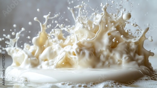 Milk splash crown, creamy texture, white background. photo