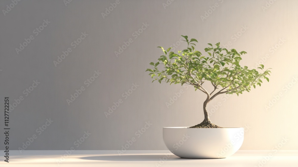 Modern bonsai in a minimalist white pot, small leaves and simple styling, blank background 