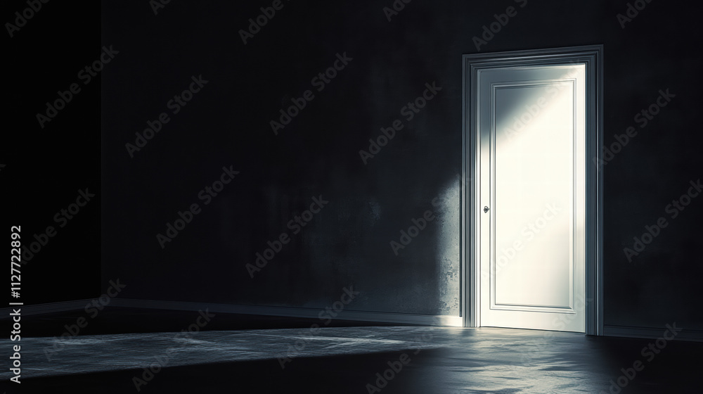 A slightly open white door in a dark room, with light shining through, a minimalistic black background A slightly open white door in a dark room, with light shining through, a minimalistic black background