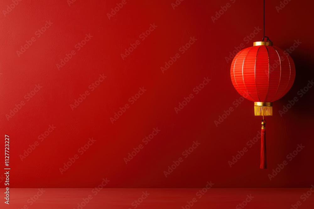 A vibrant red Chinese lantern hangs against matching wall, creating striking minimalist aesthetic A vibrant red Chinese lantern hangs against matching wall, creating striking minimalist aesthetic