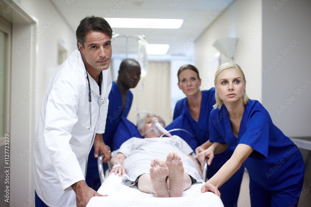 Healthcare, medical team or patient in hospital for emergency, intensive care or woman in distress. Doctors, people or client on stretcher bed for elderly help, allergic reaction or ready for surgery Healthcare, medical team or patient in hospital for emergency, intensive care or woman in distress. Doctors, people or client on stretcher bed for elderly help, allergic reaction or ready for surgery