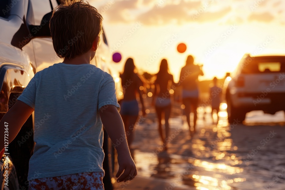 Fototapeta premium A child walks toward lively beachgoers at sunset, encapsulating the innocence of youth amidst a backdrop of vibrant colors, creating an enchanting summer evening atmosphere.