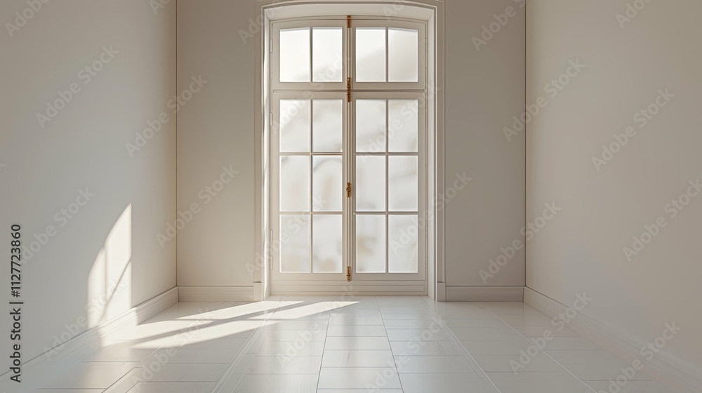 Fototapeta premium Sunlit Empty Room with Large White Paneled Window and White Tile Floor