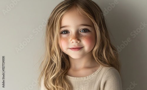 A young blonde child with long hair smiles gently, wearing a white shirt, against a neutral light background. The child’s soft expression and natural look create a warm, calm atmosphere.