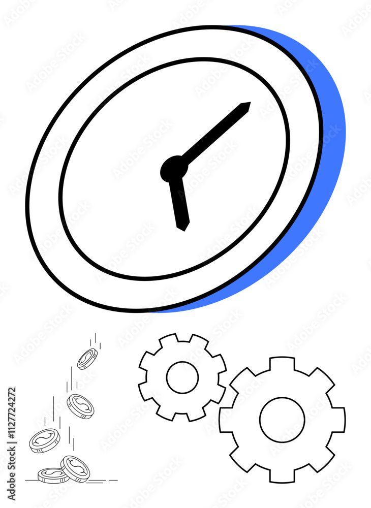 Large clock with two black hands above falling coins and mechanical gears. Ideal for time management, efficiency, productivity, business, economics, job scheduling, cost-saving. Line metaphor Large clock with two black hands above falling coins and mechanical gears. Ideal for time management, efficiency, productivity, business, economics, job scheduling, cost-saving. Line metaphor