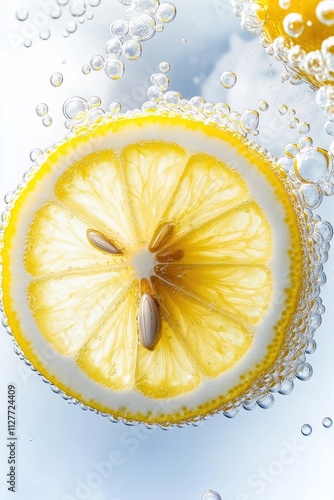 Lemon slice floats in sparkling water. Bubbles surround fruit slice. Fresh citrus slice looks healthy. Photo captures refreshing beverage concept. Food photo with white background. Close up. Ideal photo