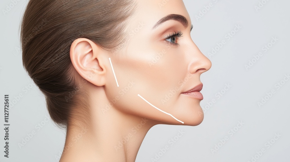 Closeup profile view of woman. Face shows smooth skin, hair pulled back. White lines on jaw indicate contour enhancement. Photo shows results of cosmetic treatment. Studio shot against plain light Closeup profile view of woman. Face shows smooth skin, hair pulled back. White lines on jaw indicate contour enhancement. Photo shows results of cosmetic treatment. Studio shot against plain light