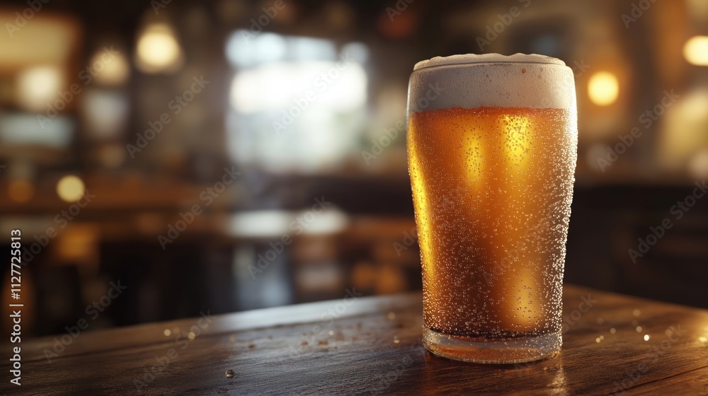 A refreshing glass of cold beer with condensation on the surface, placed on a wooden table. A refreshing glass of cold beer with condensation on the surface, placed on a wooden table.