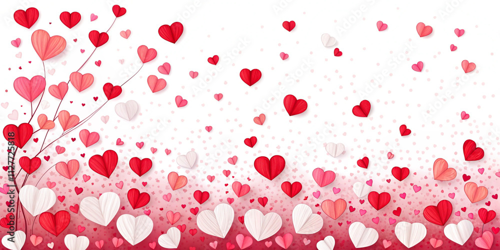 Red, pink and white flying hearts isolated on transparent background. Paper cut decorations for Valentine's Day border or frame design Red, pink and white flying hearts isolated on transparent background. Paper cut decorations for Valentine's Day border or frame design