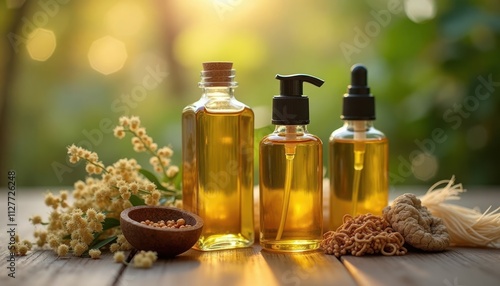 Natural plant-based oils like jojoba, argan in eco-friendly glass bottles. Healthy oils, flowers on wooden table. Eco friendly products. Natural ingredients for skin care. Beautiful herbal products. photo