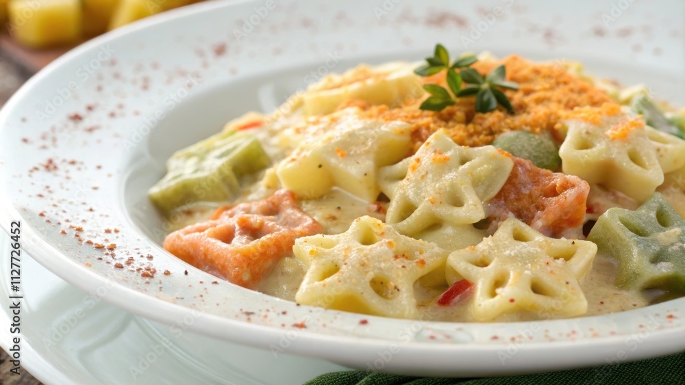 A closeup of funshaped vegetable pasta reveals a tangle of star and shell forms all coated in a velvety creamy sauce that clings lovingly to each piece. Sprinkled over the A closeup of funshaped vegetable pasta reveals a tangle of star and shell forms all coated in a velvety creamy sauce that clings lovingly to each piece. Sprinkled over the
