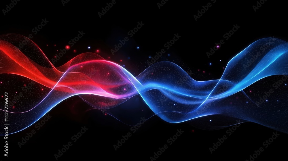 Obraz premium A vibrant abstract wave design featuring red and blue flowing lines against a black background.