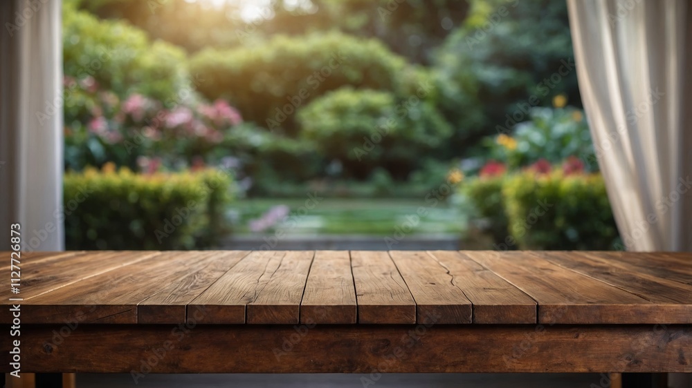 Wooden table with garden view for product display Wooden table with garden view for product display
