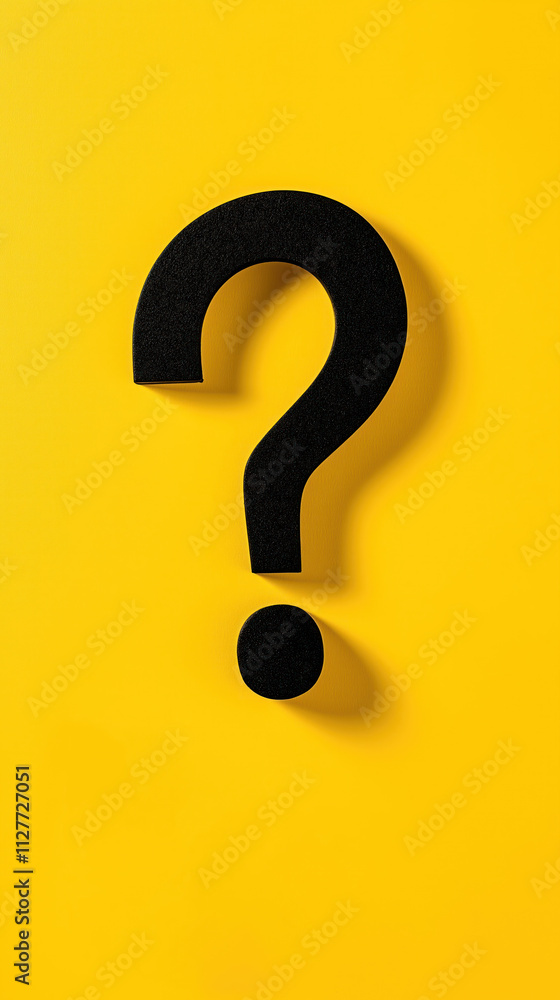 Bright yellow background features three-dimensional black question mark. Image evokes business concept idea. Suggests need for solutions assistance. Concept of seeking answers finding solutions clear. Bright yellow background features three-dimensional black question mark. Image evokes business concept idea. Suggests need for solutions assistance. Concept of seeking answers finding solutions clear.
