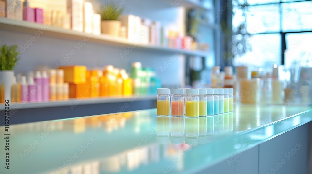 A row of colorful bottles in a modern store showcasing beauty products. A row of colorful bottles in a modern store showcasing beauty products.