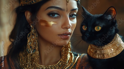 Egyptian woman with flowing traditional dress, golden jewelry. Black cat wears golden necklace. Scene evokes ancient Egyptian fashion. Beautiful woman. Style, beauty. Traditional fashion. Costume photo