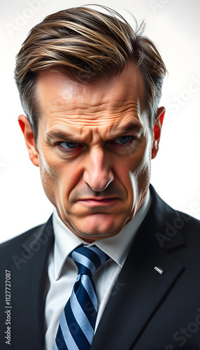 Business and bad habit concept. Businessman with suspicious face isolated with white highlights, png