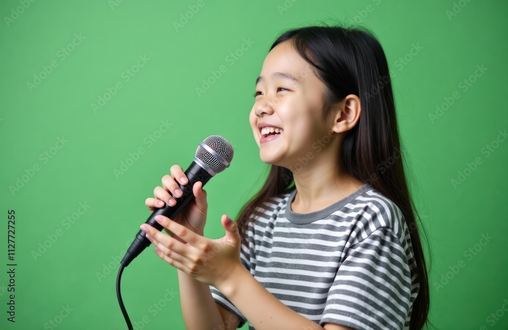 Asian girl sings happily holding microphone against green background. Child enjoys performance. Studio shot. Girl shows joyful expression. Expresses talent. Photo great for music education, child Asian girl sings happily holding microphone against green background. Child enjoys performance. Studio shot. Girl shows joyful expression. Expresses talent. Photo great for music education, child