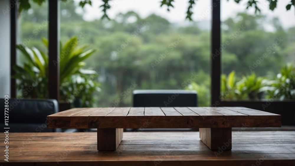 Wooden table with blurred glass window background Wooden table with blurred glass window background