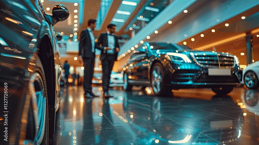 Obraz premium Luxury Car Showroom with Blurred Businessmen and Gleaming Vehicles