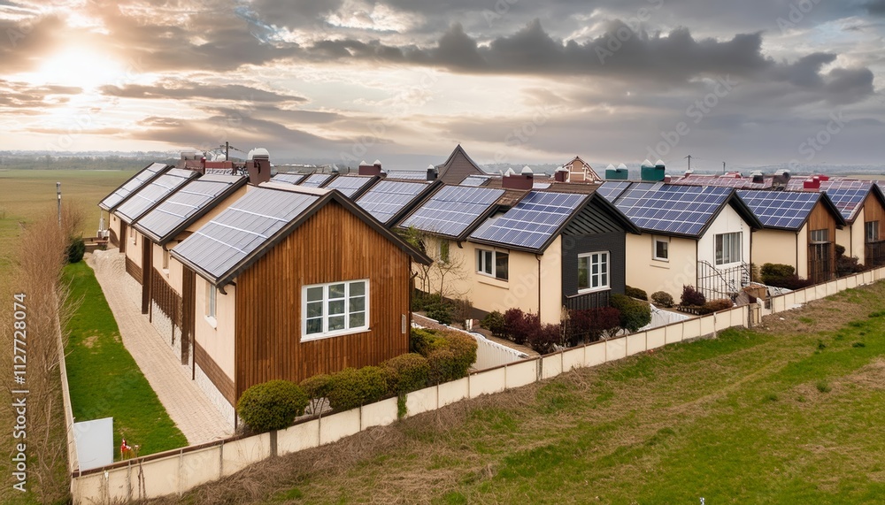 A row of modern houses featuring solar panels on their roofs, showcasing the shift towards clean energy solutions and sustainable living practices in contemporary neighborhoods. A row of modern houses featuring solar panels on their roofs, showcasing the shift towards clean energy solutions and sustainable living practices in contemporary neighborhoods.