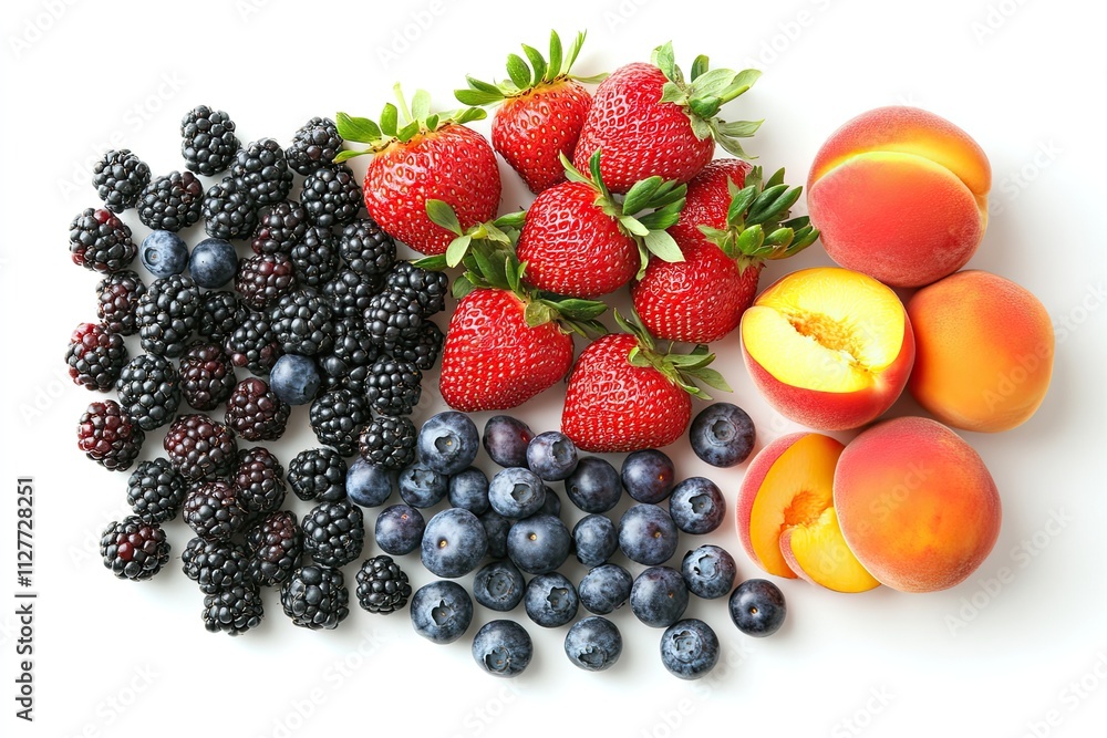 Flat lay with fresh organic summer berries and fruits of strawberries, blueberries and peaches on a white background with hard shadow. Top view and copy space Flat lay with fresh organic summer berries and fruits of strawberries, blueberries and peaches on a white background with hard shadow. Top view and copy space