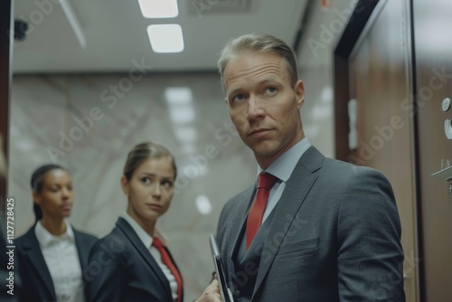 Portrait of confident mature businessman standing in corridor and looking at camera