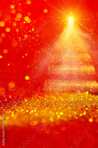  Christmas Tree on Red Background.Festive Christmas Tree with Gold Glitter.Festive New Year card in gold and red tones