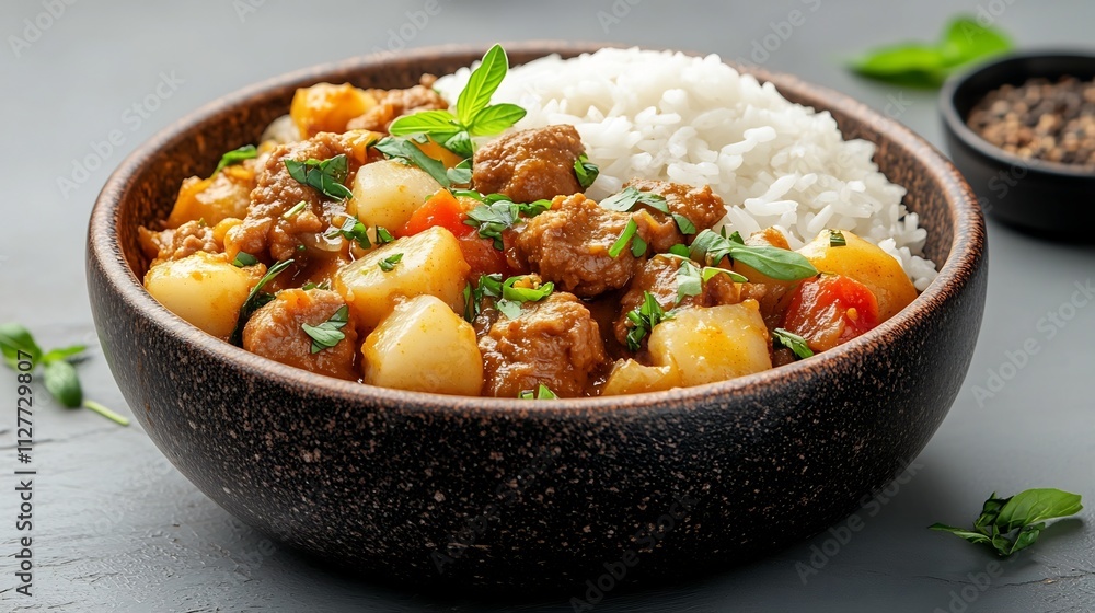 Authentic Thai Massaman Curry Dish Served in Ceramic Bowl with Rice and Herbs Authentic Thai Massaman Curry Dish Served in Ceramic Bowl with Rice and Herbs